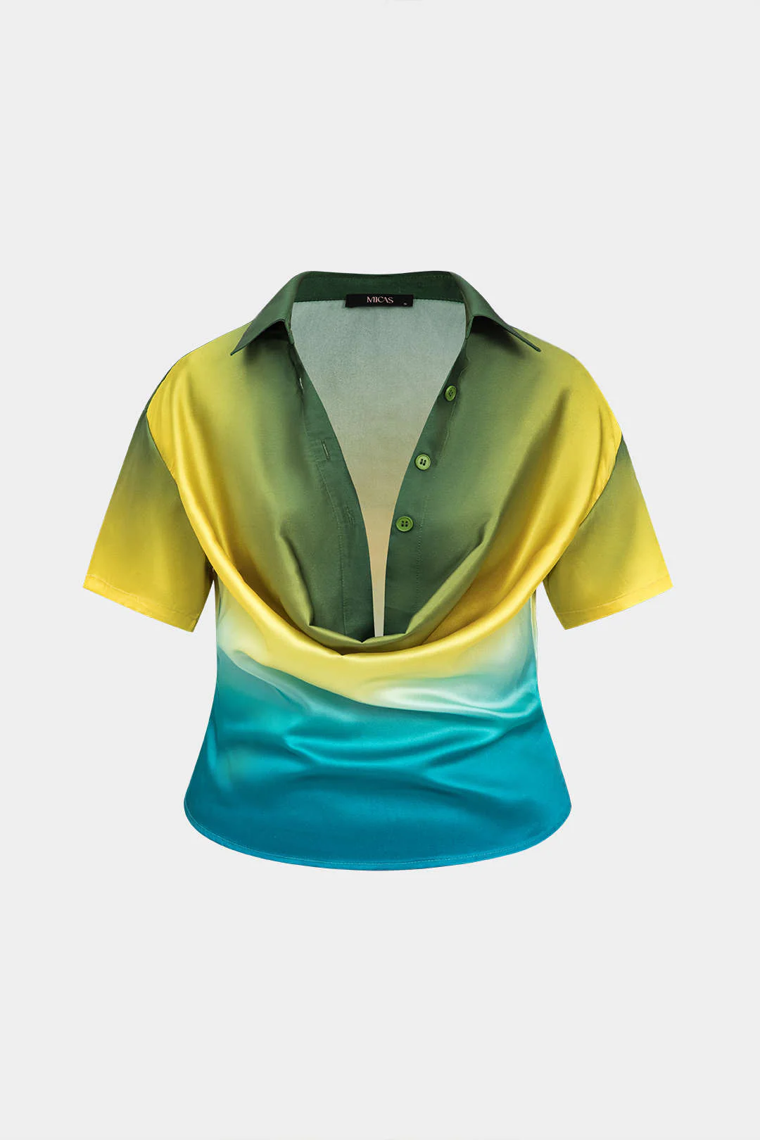 Plus Size Ombre Print Satin Button Short-Sleeve Shirt