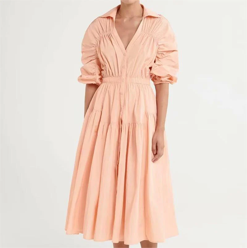 Lightly Mature Hollow Out Cutout Out Cinched V Neck Midi Dress