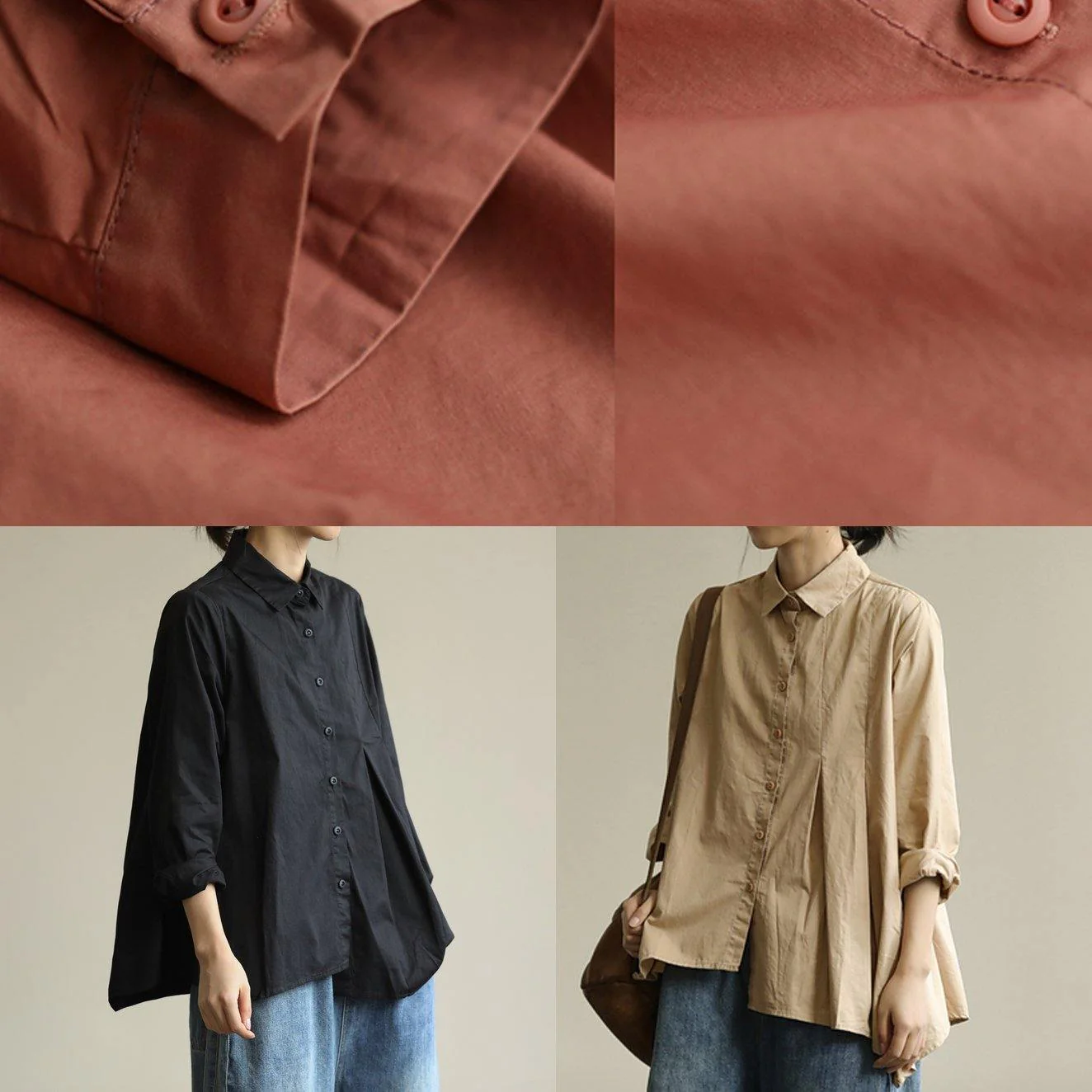 Organic khaki Tunic lapel asymmetric short shirt