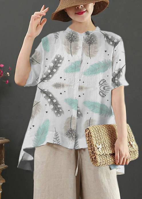 Art white embroidery linen top for women stand collar Midi summer top