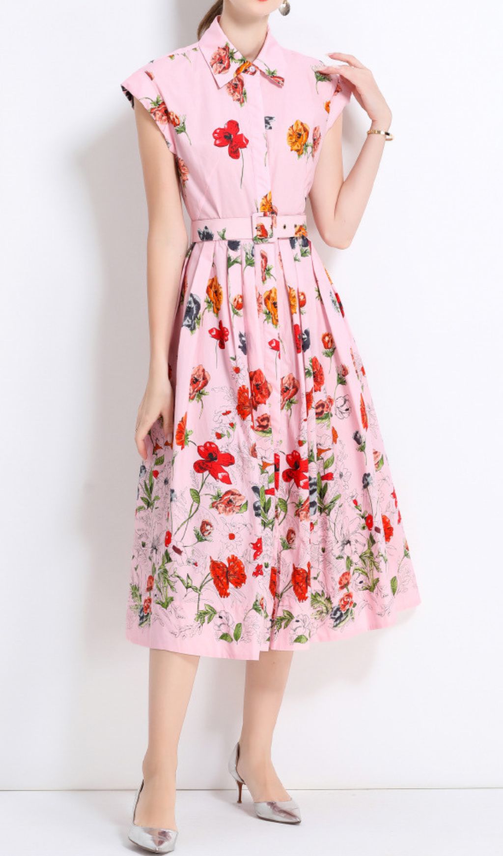 Fusca Pink Flower Printed Midi Dress