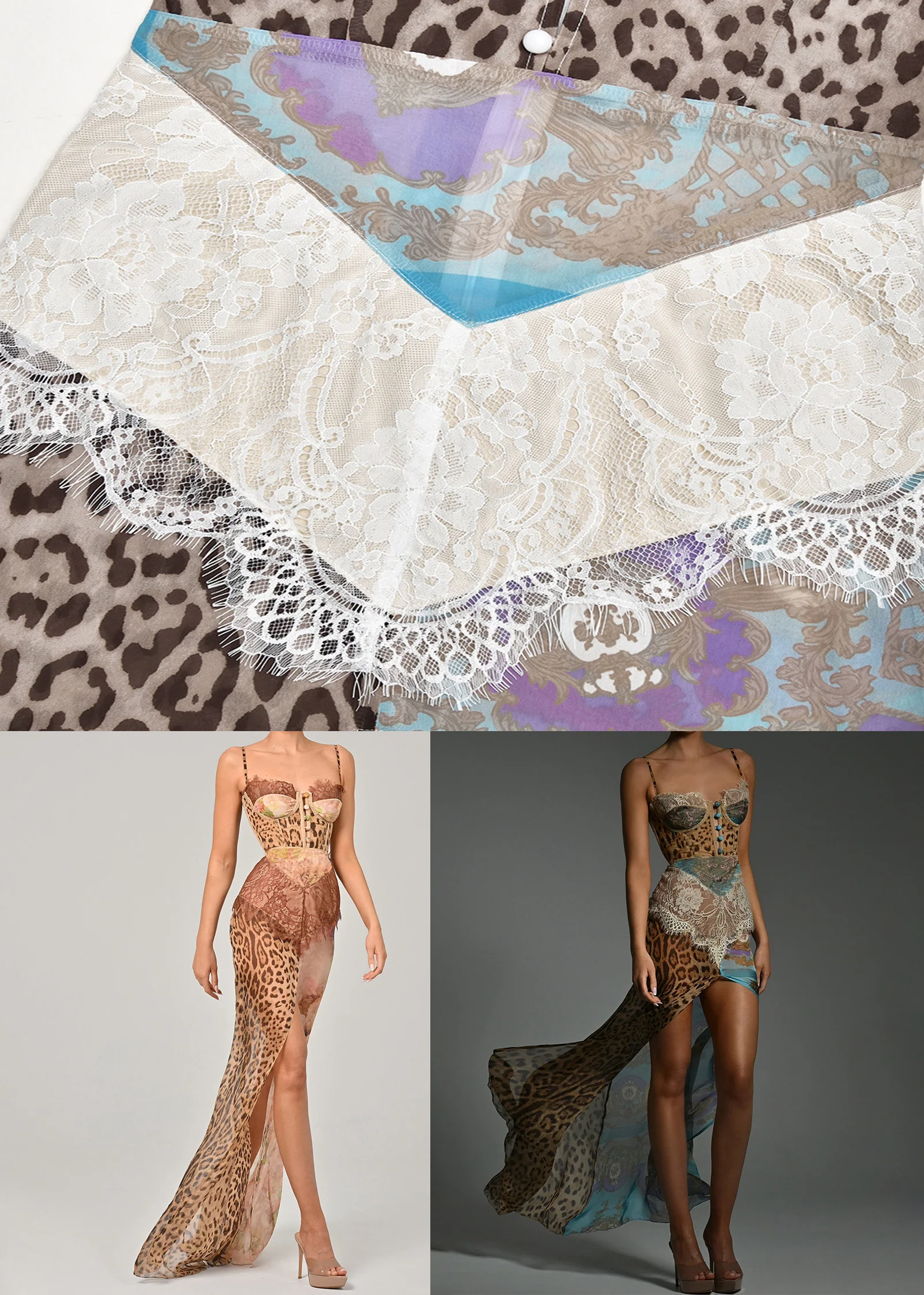 Sexy Blue Leopard Lace Patchwork Chiffon Spaghetti Strap Dress Sleeveless