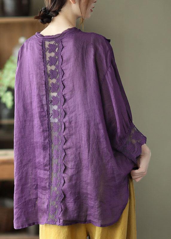 Natural Purple Hollow Out Patchwork Summer Ramie Shirt Top Long Sleeve