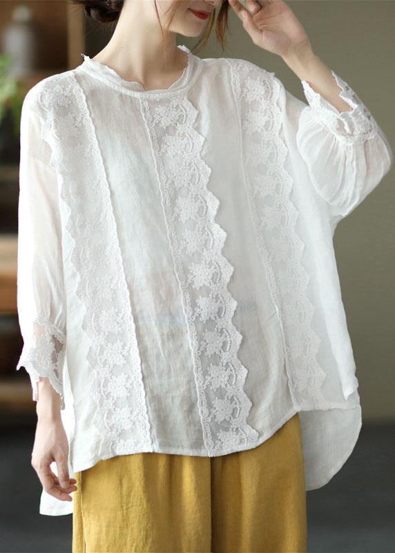 Natural Purple Hollow Out Patchwork Summer Ramie Shirt Top Long Sleeve
