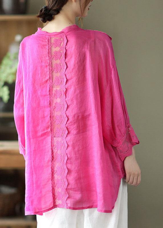 Natural Purple Hollow Out Patchwork Summer Ramie Shirt Top Long Sleeve