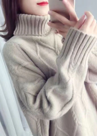 White Sweater Tops High Neck Loose Fitting Spring Knitwear
