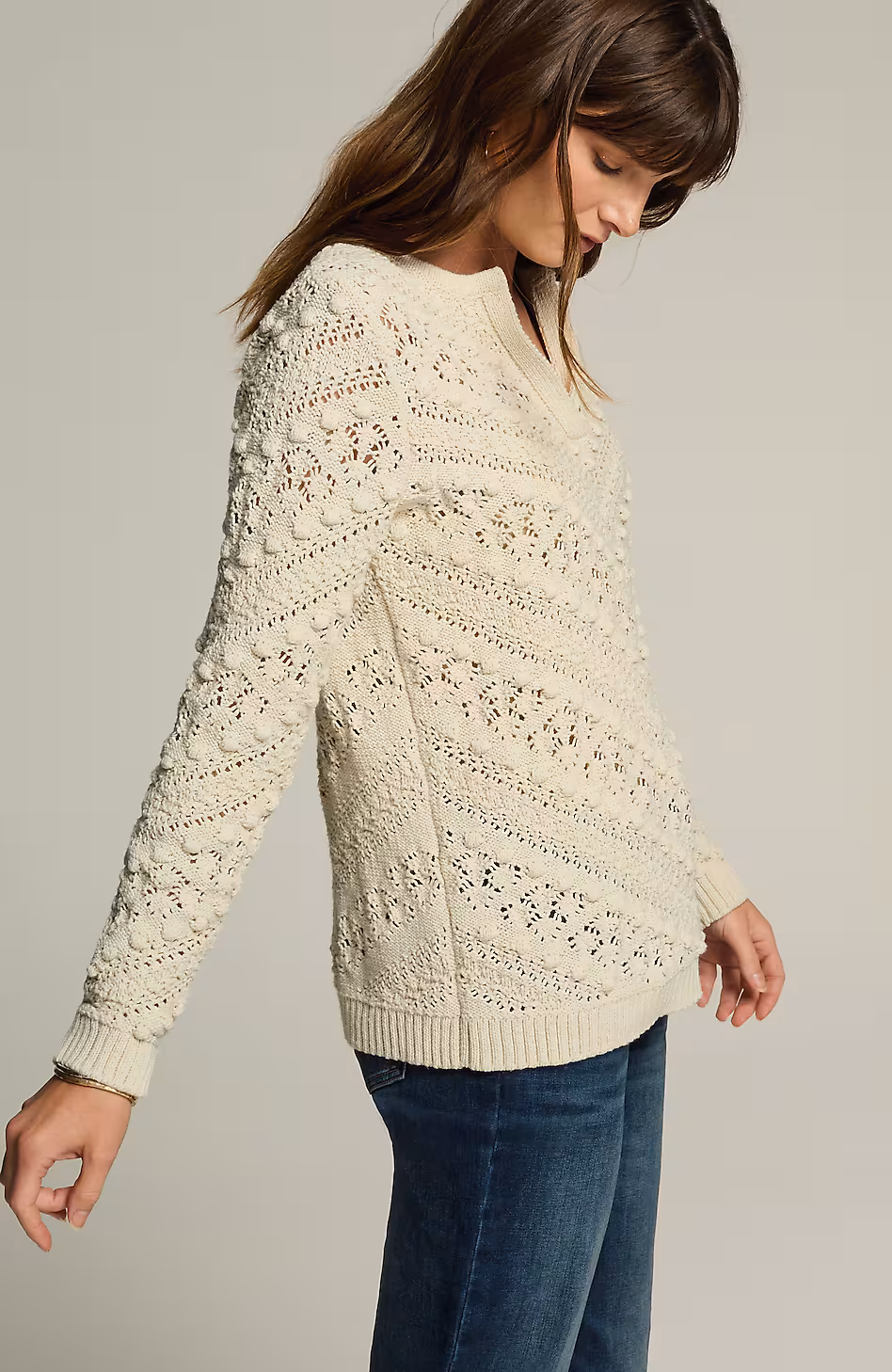 Open-Texture Split-Neck Sweater