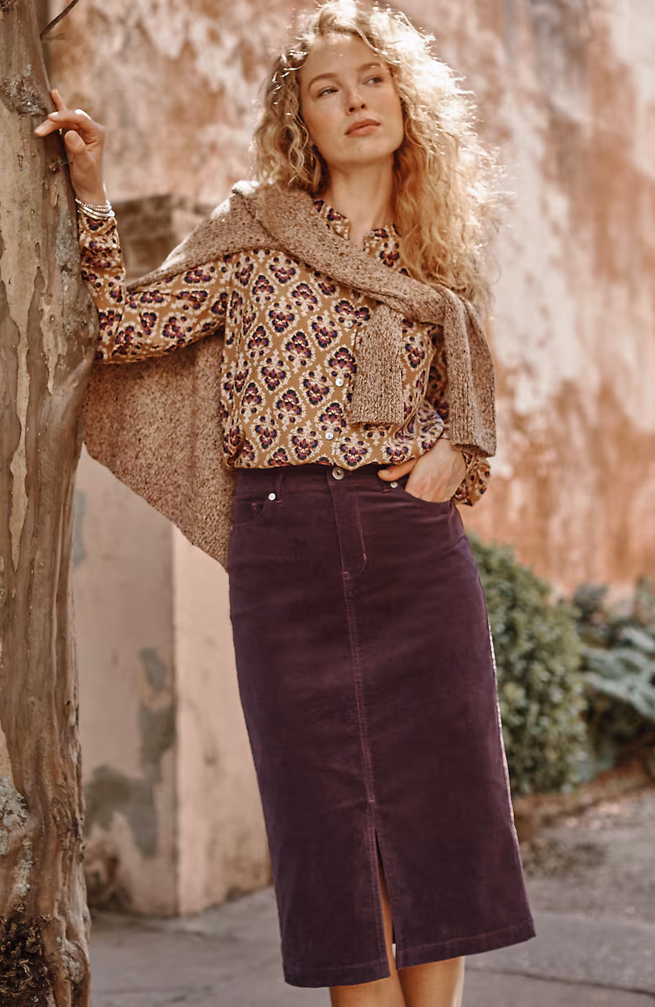 Slit-Hem Corduroy Skirt