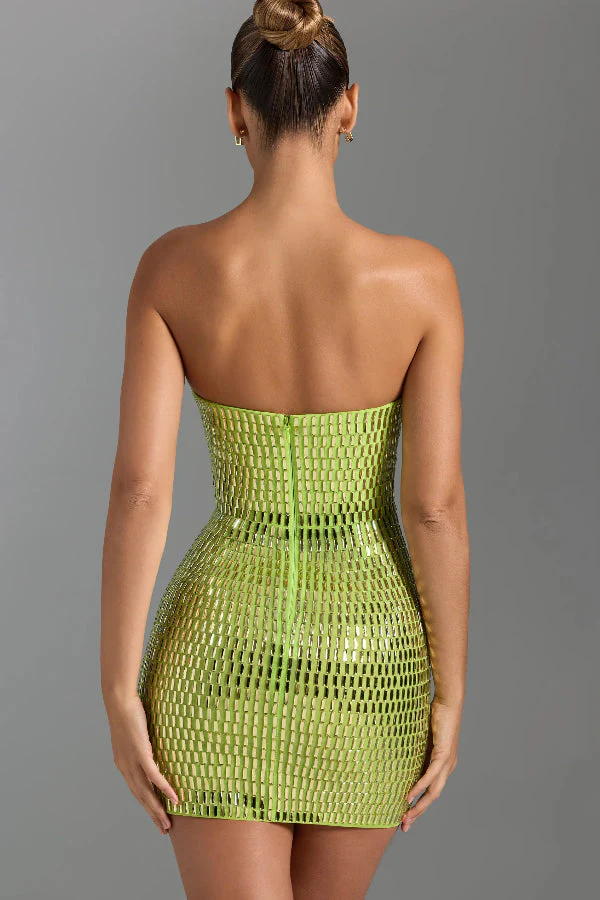 Flash Sculpture Rhinestone Embellished Bandeau Slit Stretch Mini Dress