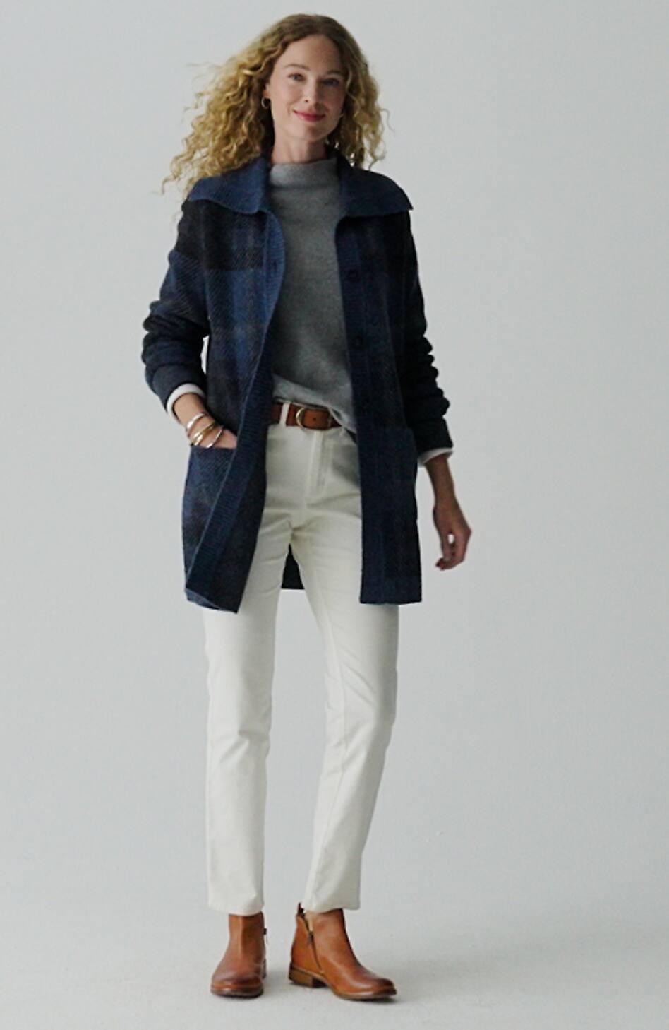 Ribbed-Collar Plaid Sweater-Jacket