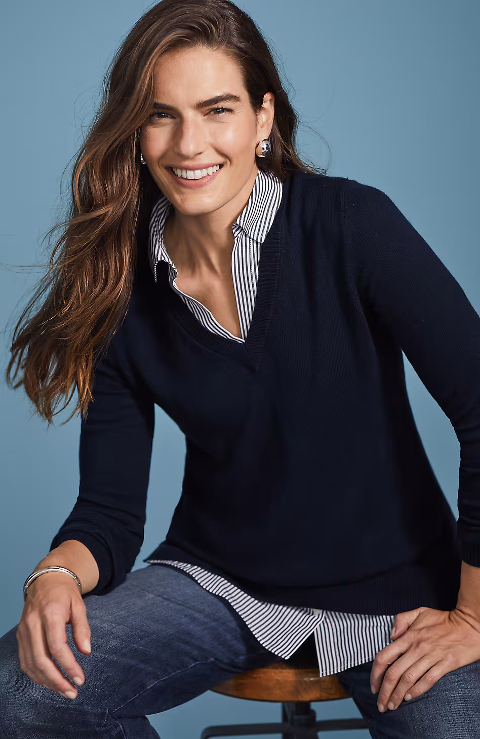 Mixed-Media Shirt-Collar Sweater