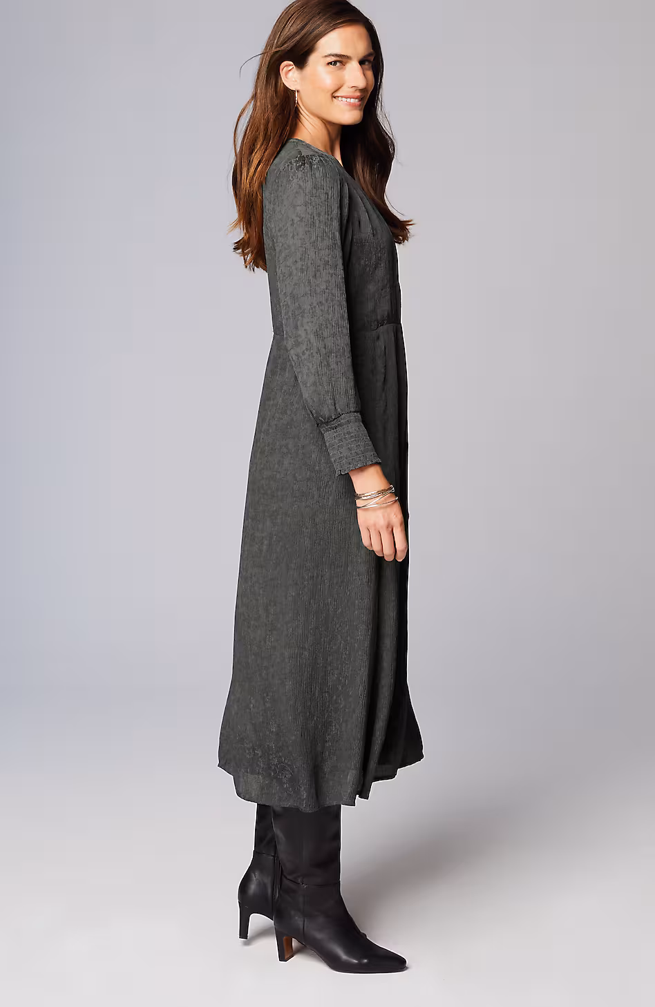 Crinkle-Textured Smocked-Sleeve Dress