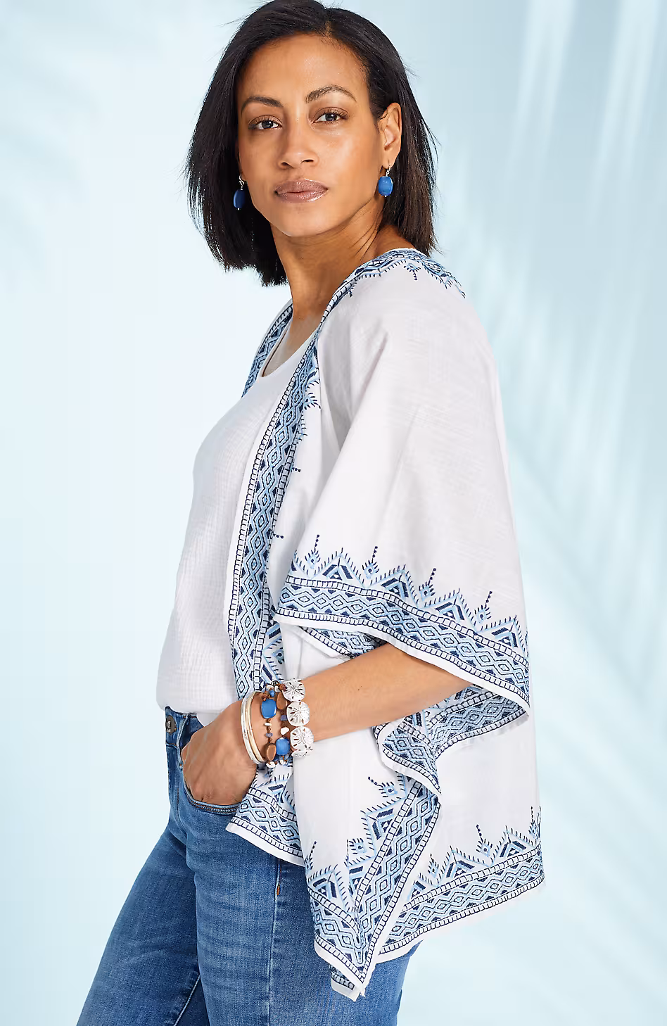 Embroidered-Border Ruana