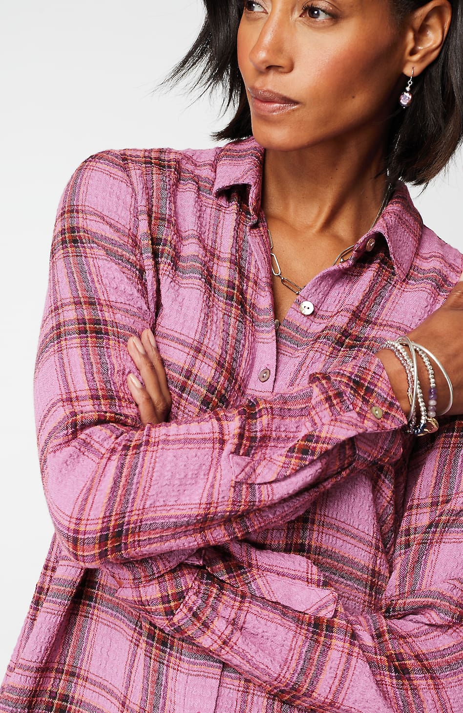 Crinkled Plaid Button-Front Tunic