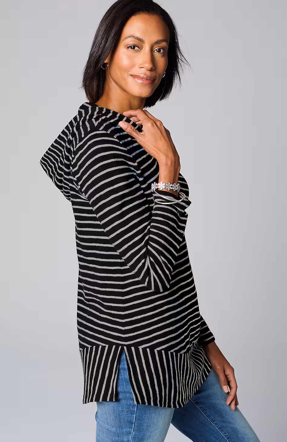 Mixed-Stripes Hooded Tunic