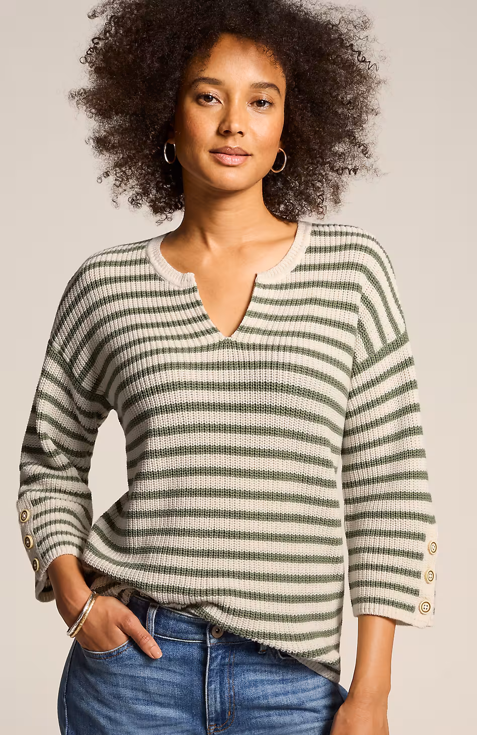 Ribbed-Stripes Button-Cuffed Sweater