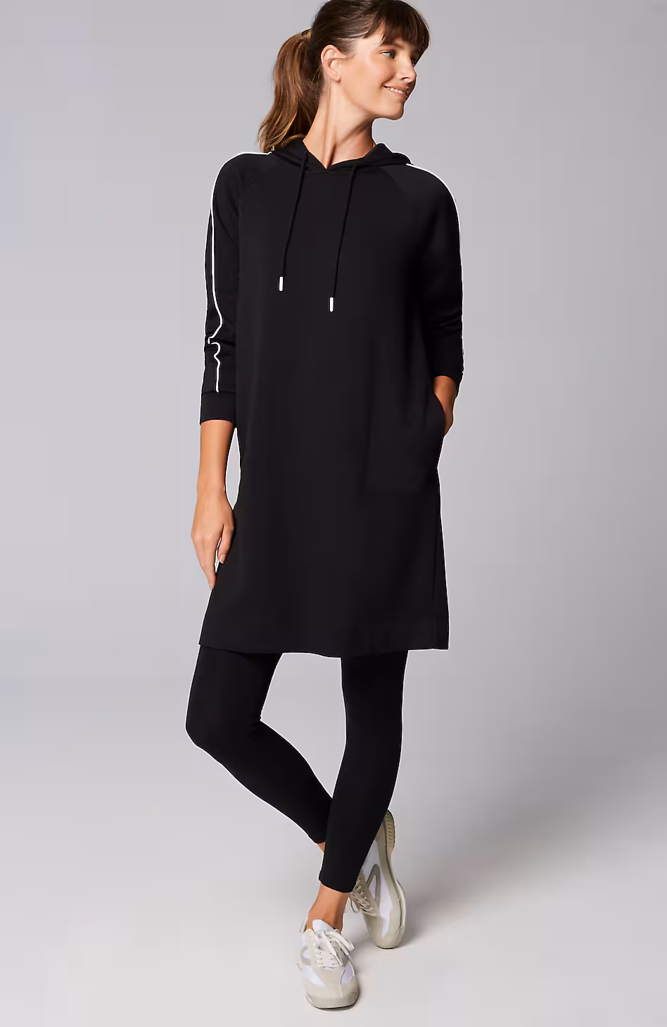 Fit Sleek Double-Knit Hooded Piped Dress