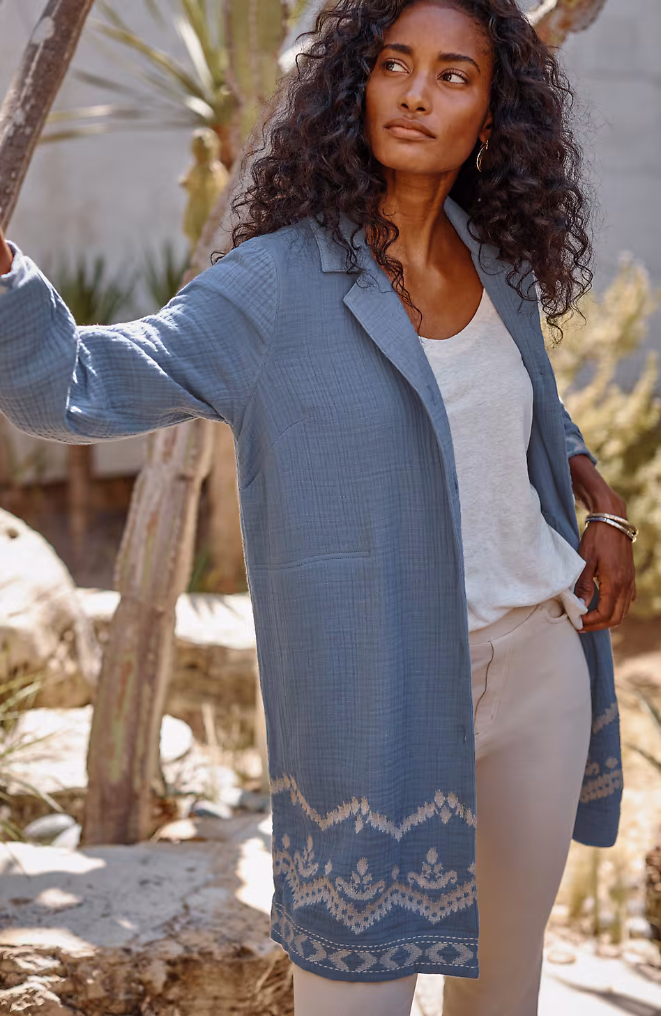 Pure Jill Cotton-Gauze Embroidered Duster Jacket