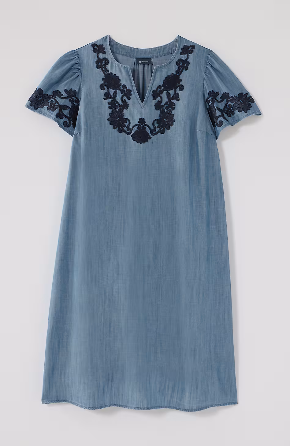 Embroidered Indigo Flutter-Sleeve Dress