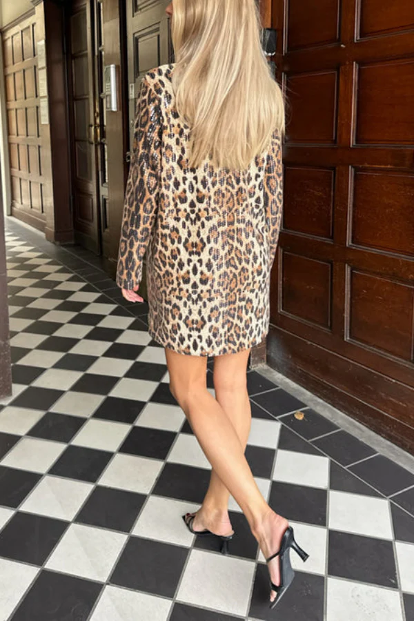 Charming Lady Sequin Leopard Print Long Sleeve H-line Loose Mini Dress