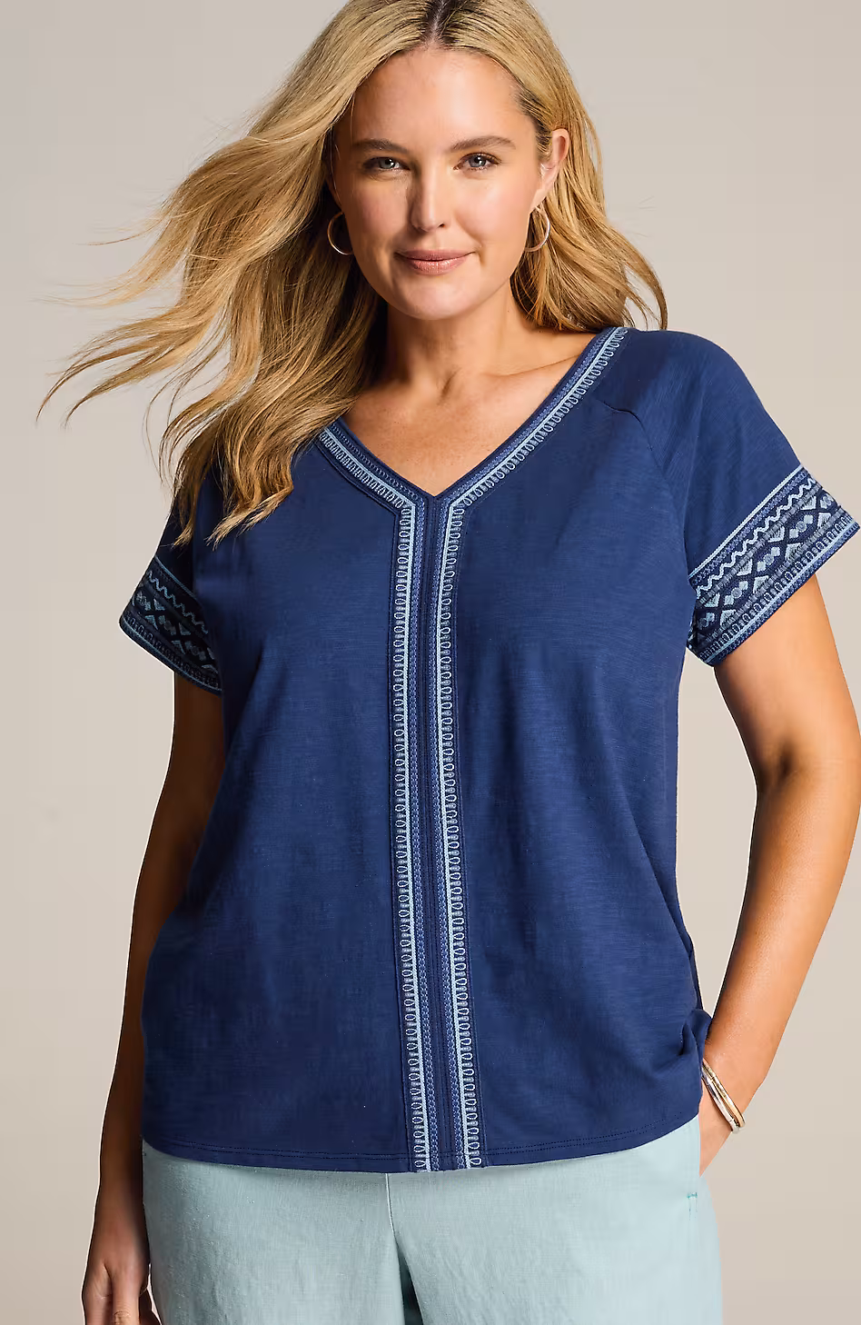 Pure Jill Embroidered Cap-Sleeve Tee