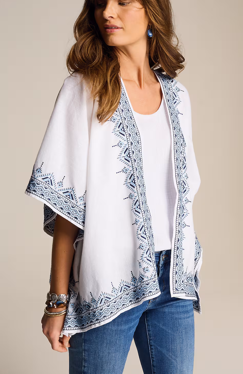 Embroidered-Border Ruana