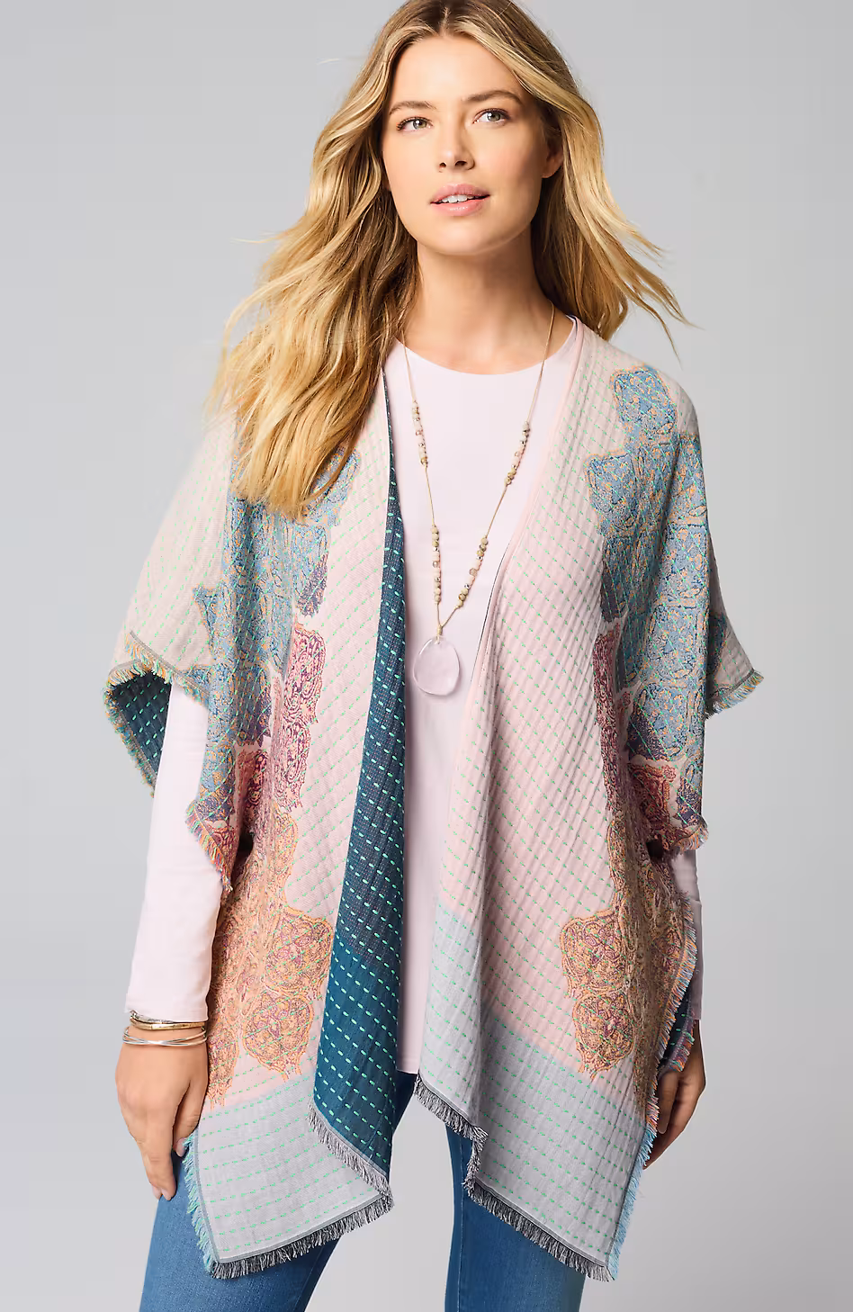 Kantha-Stitched Reversible Jacquard Ruana