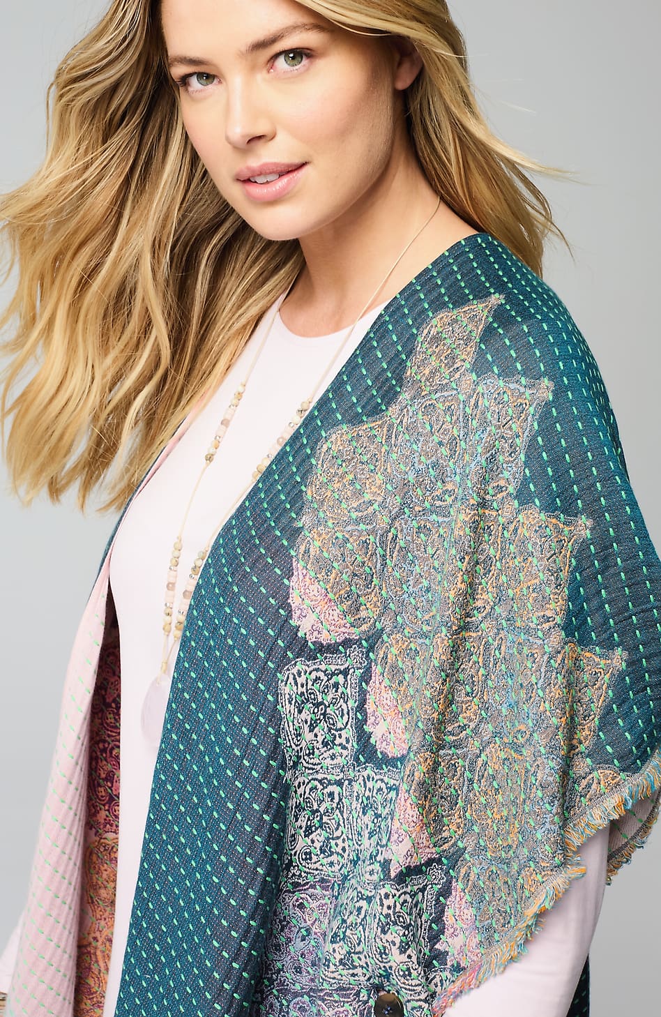 Kantha-Stitched Reversible Jacquard Ruana