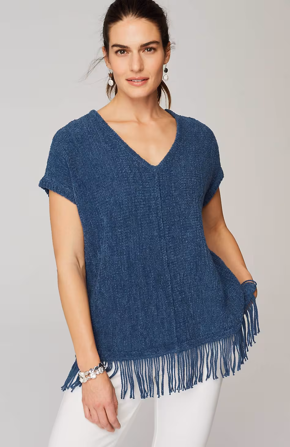 Pure Jill Fringed-Hem V-Neck Sweater