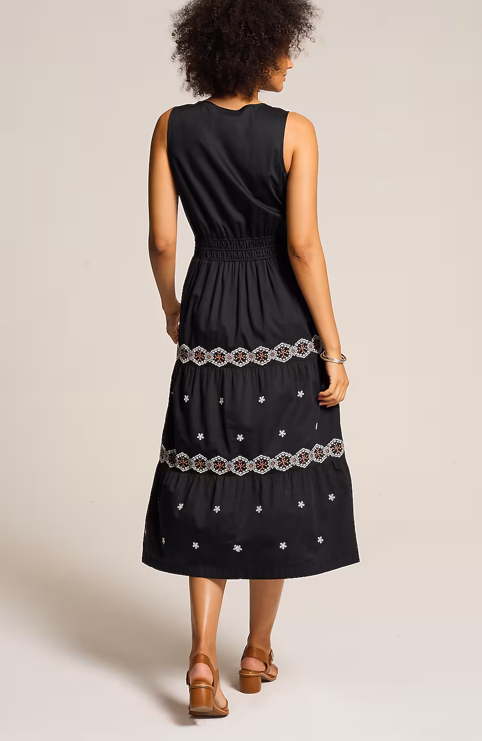 Embroidered Elastic-Waist Midi Dress