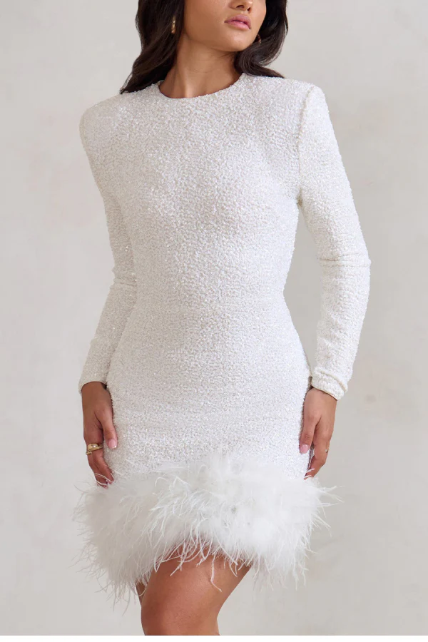 Party Must-have Sequin Long Sleeve Feather Trim Stretch Mini Dress