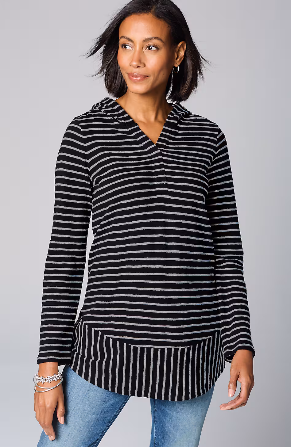 Mixed-Stripes Hooded Tunic