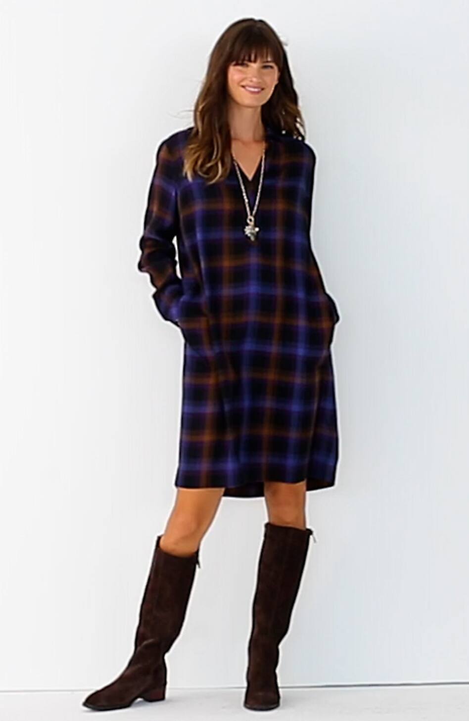 Plaid Split-Neck Dress