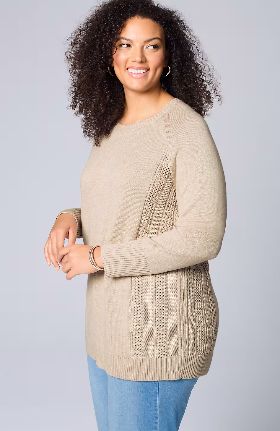 Textured-Sides Crew-Neck Sweater