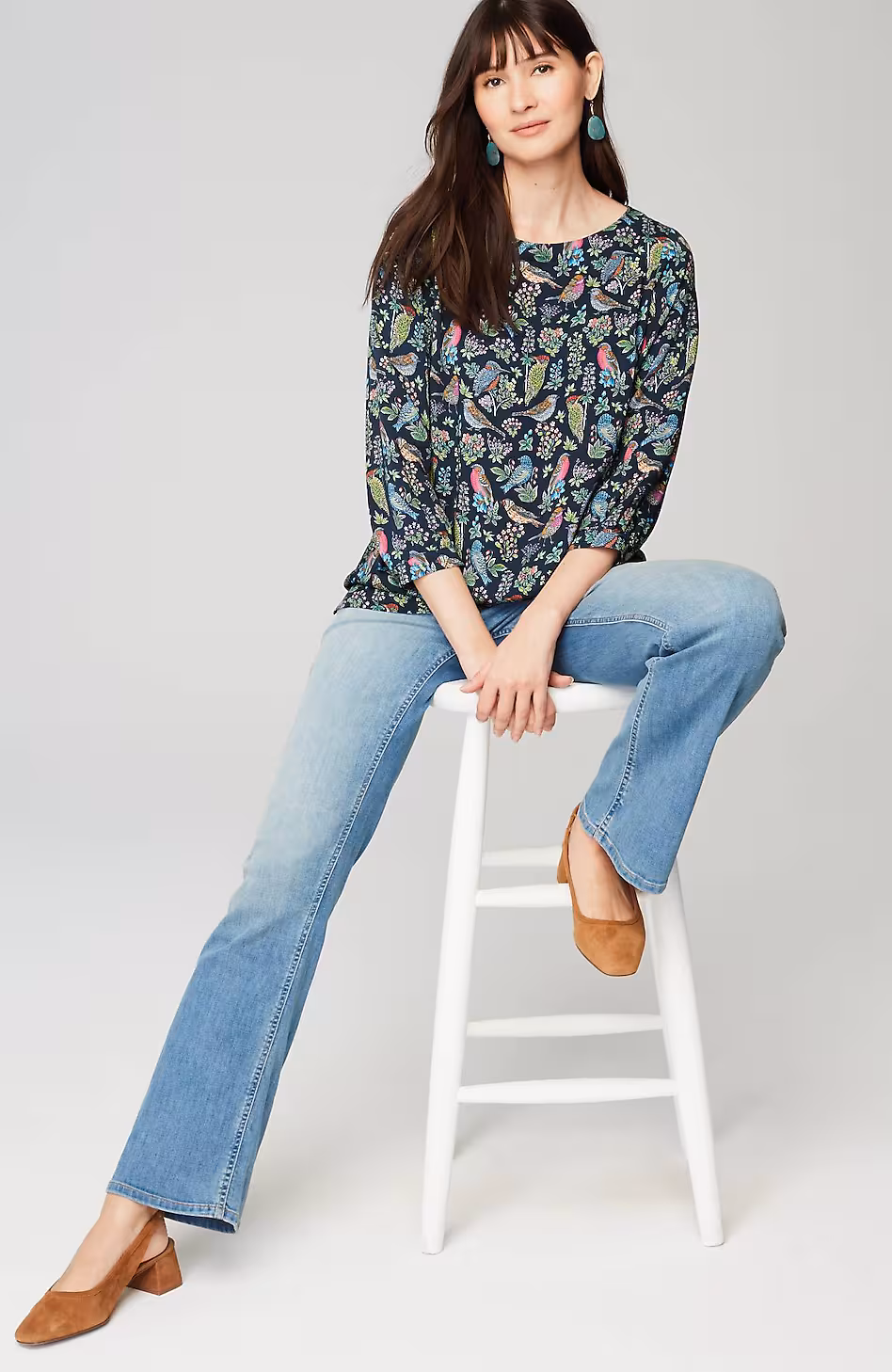 Bird-Printed Boat-Neck Top