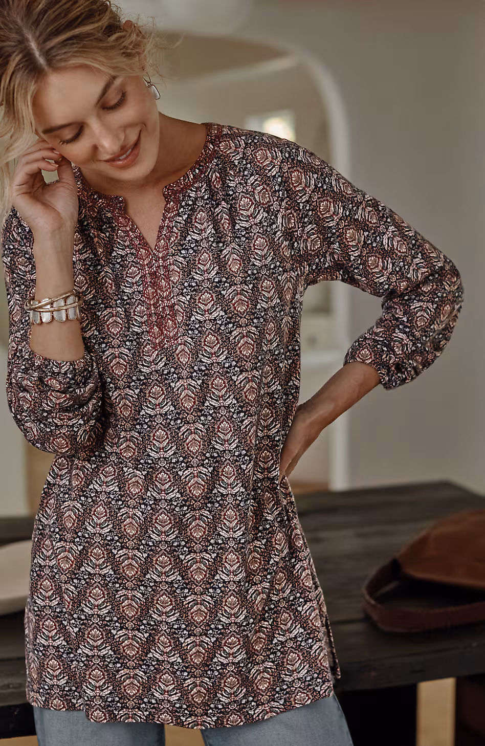 Pure Jill Printed & Embroidered Knit Tunic