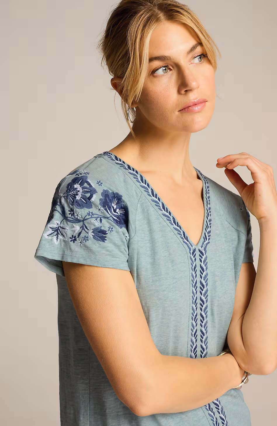 Pure Jill Embroidered Cap-Sleeve Tee