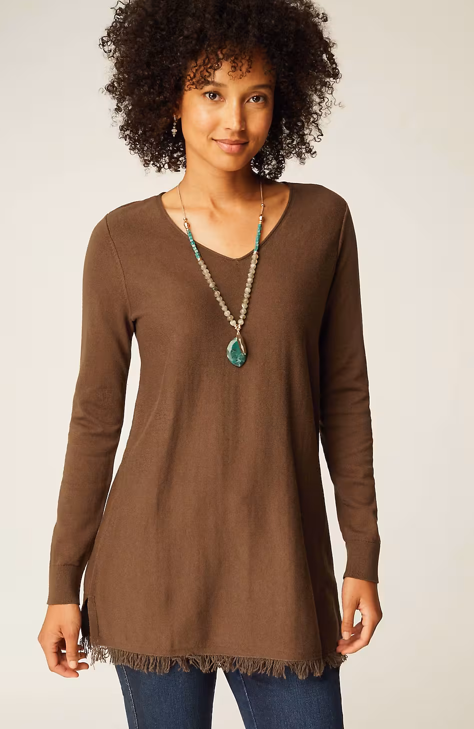 Easy Fringed-Hem V-Neck Tunic