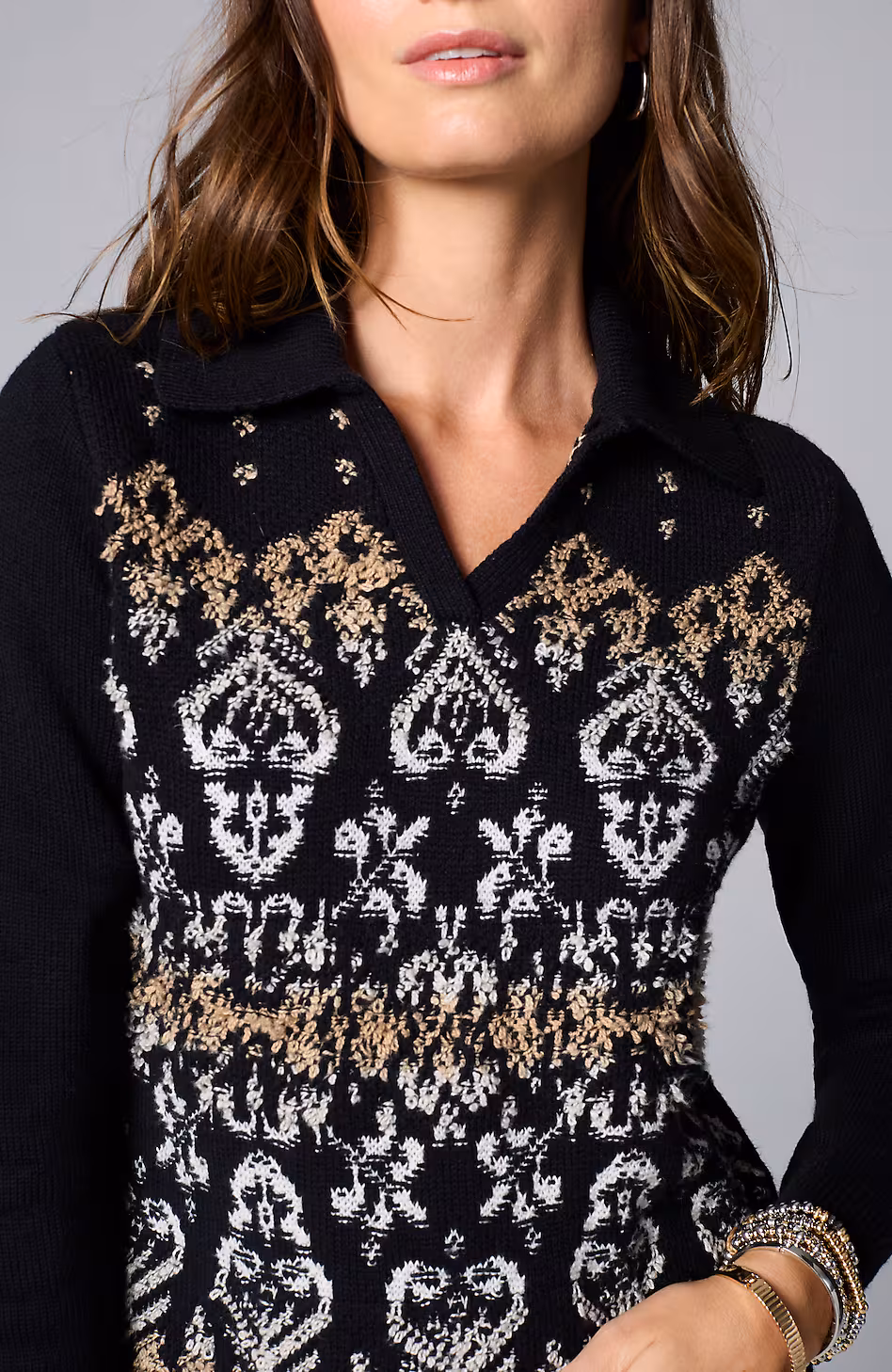Jacquard-Patterned Collared Sweater