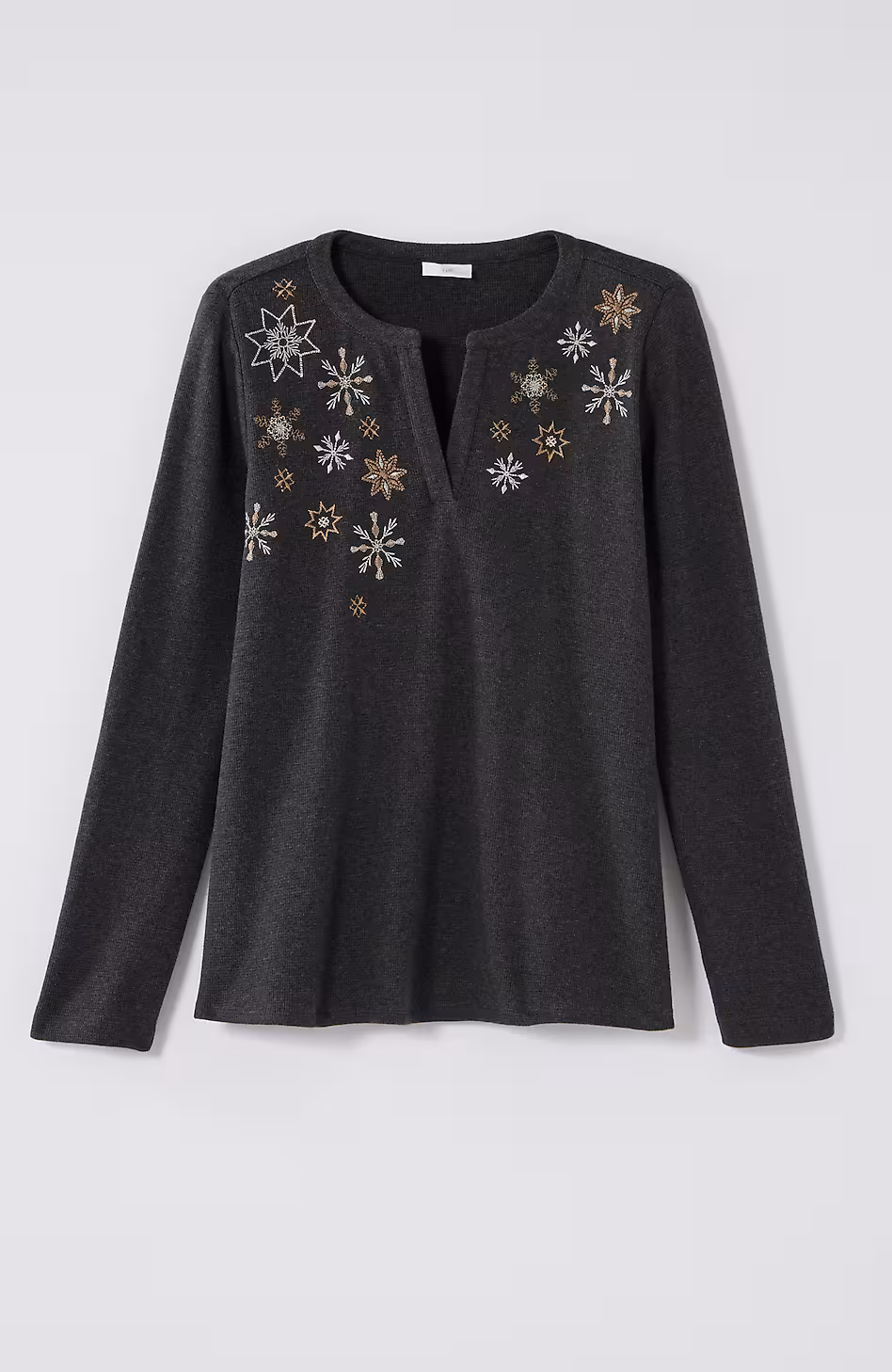 Snowflake-Embroidered Waffle-Textured Top