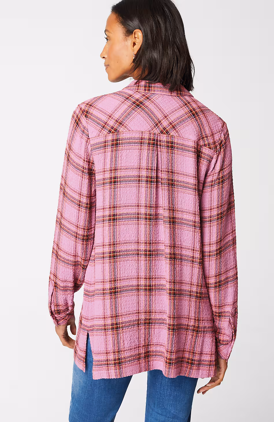 Crinkled Plaid Button-Front Tunic