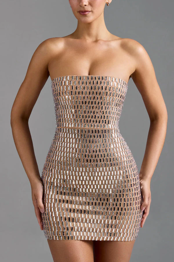 Flash Sculpture Rhinestone Embellished Bandeau Slit Stretch Mini Dress