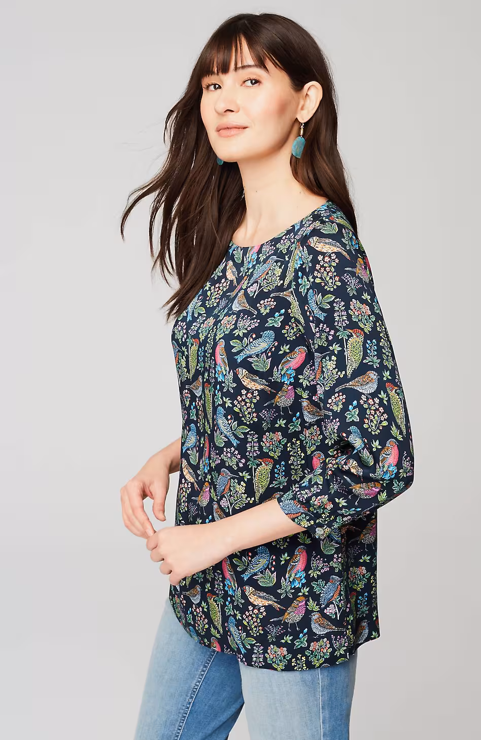 Bird-Printed Boat-Neck Top
