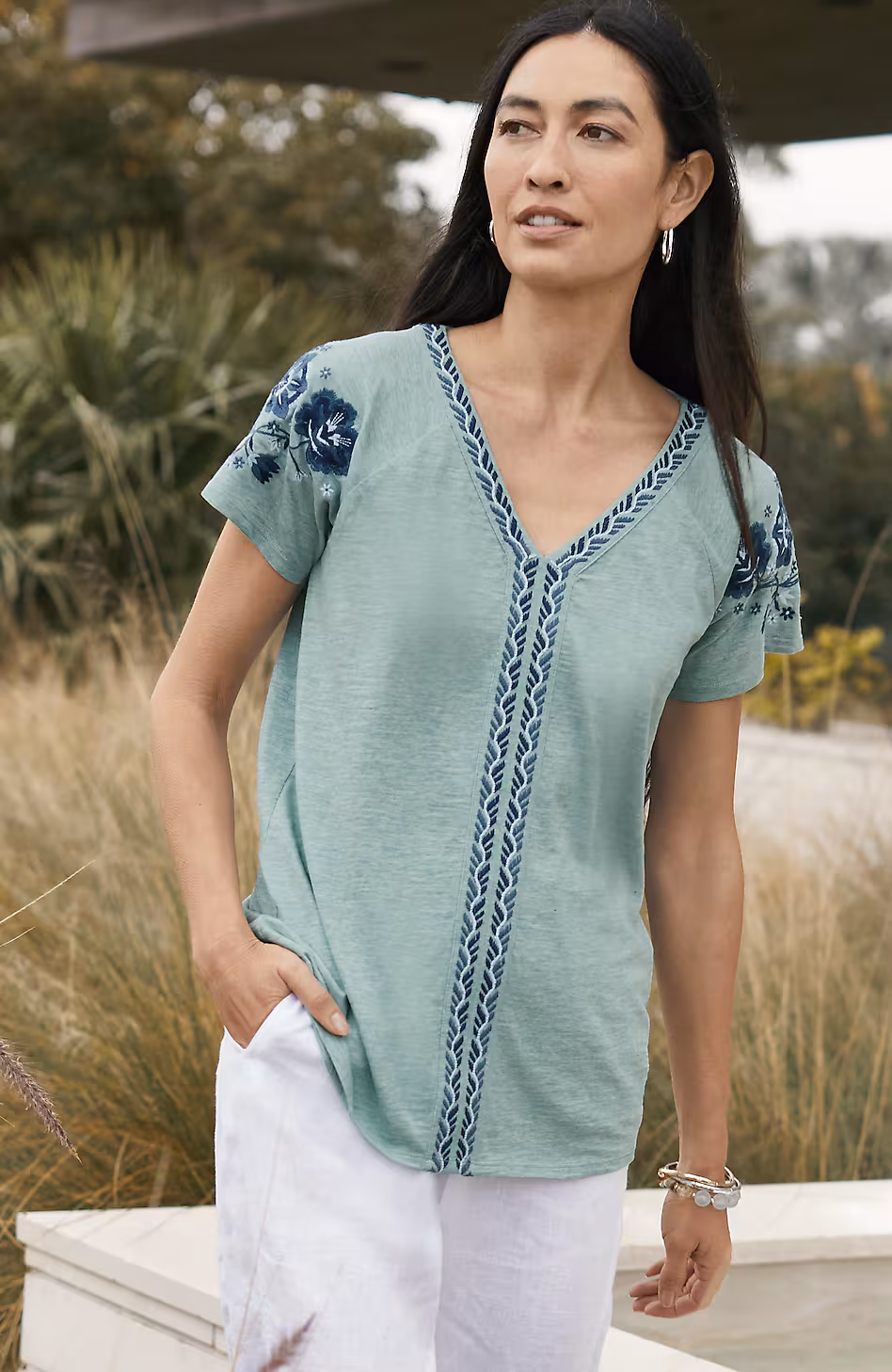 Pure Jill Embroidered Cap-Sleeve Tee