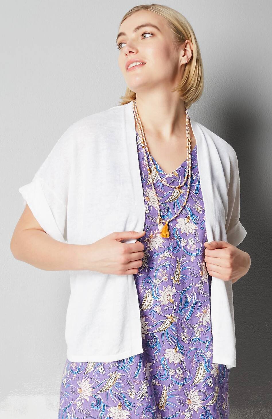 Short Cuffed-Sleeve Open-Front Cardi