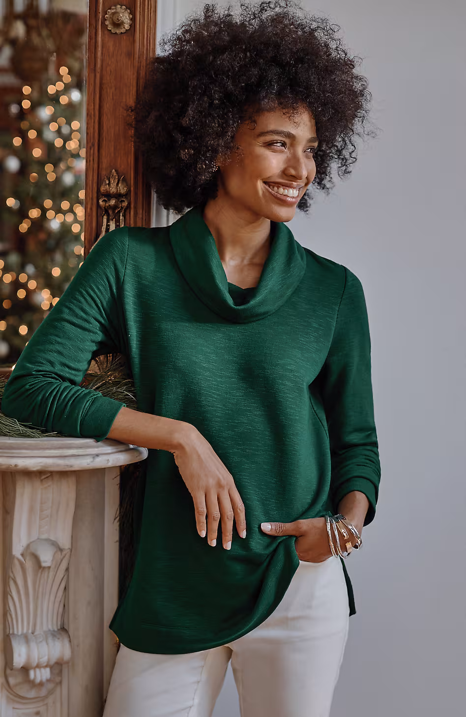 Brushed-Fleece Cowl-Neck Knit Top