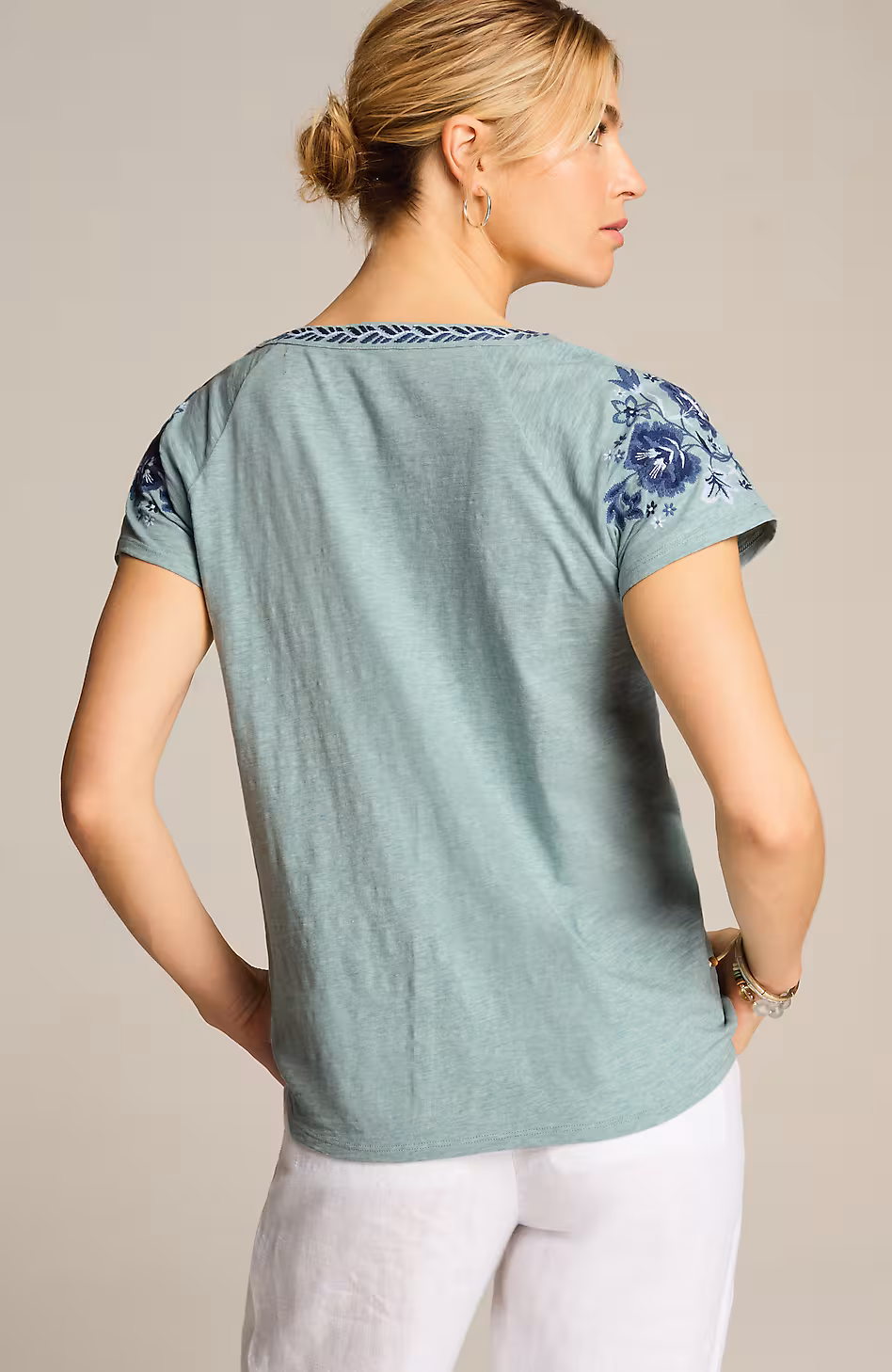 Pure Jill Embroidered Cap-Sleeve Tee