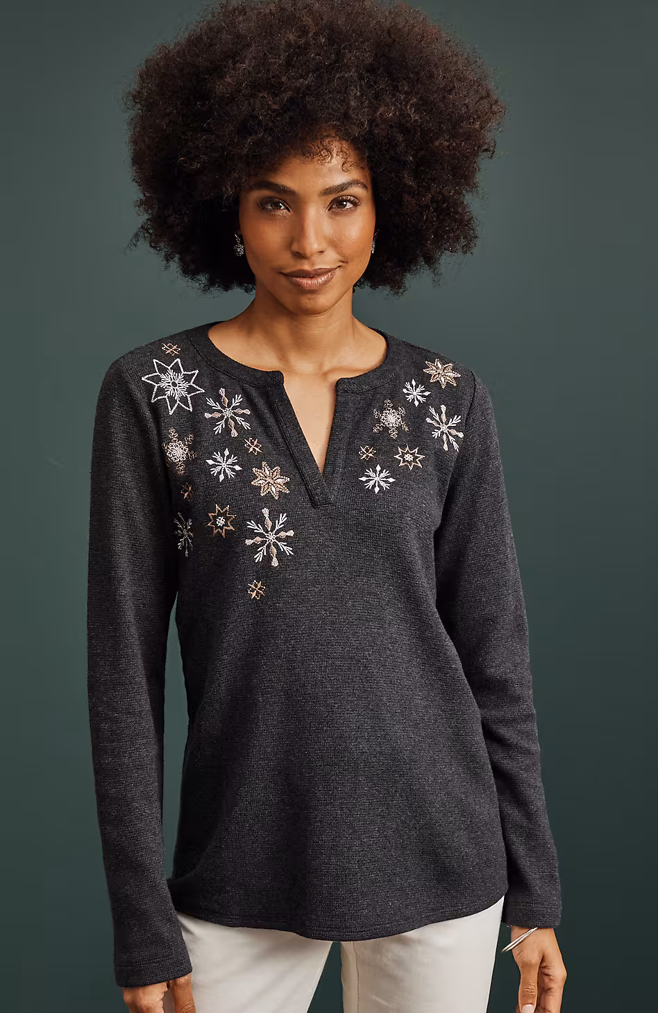 Snowflake-Embroidered Waffle-Textured Top