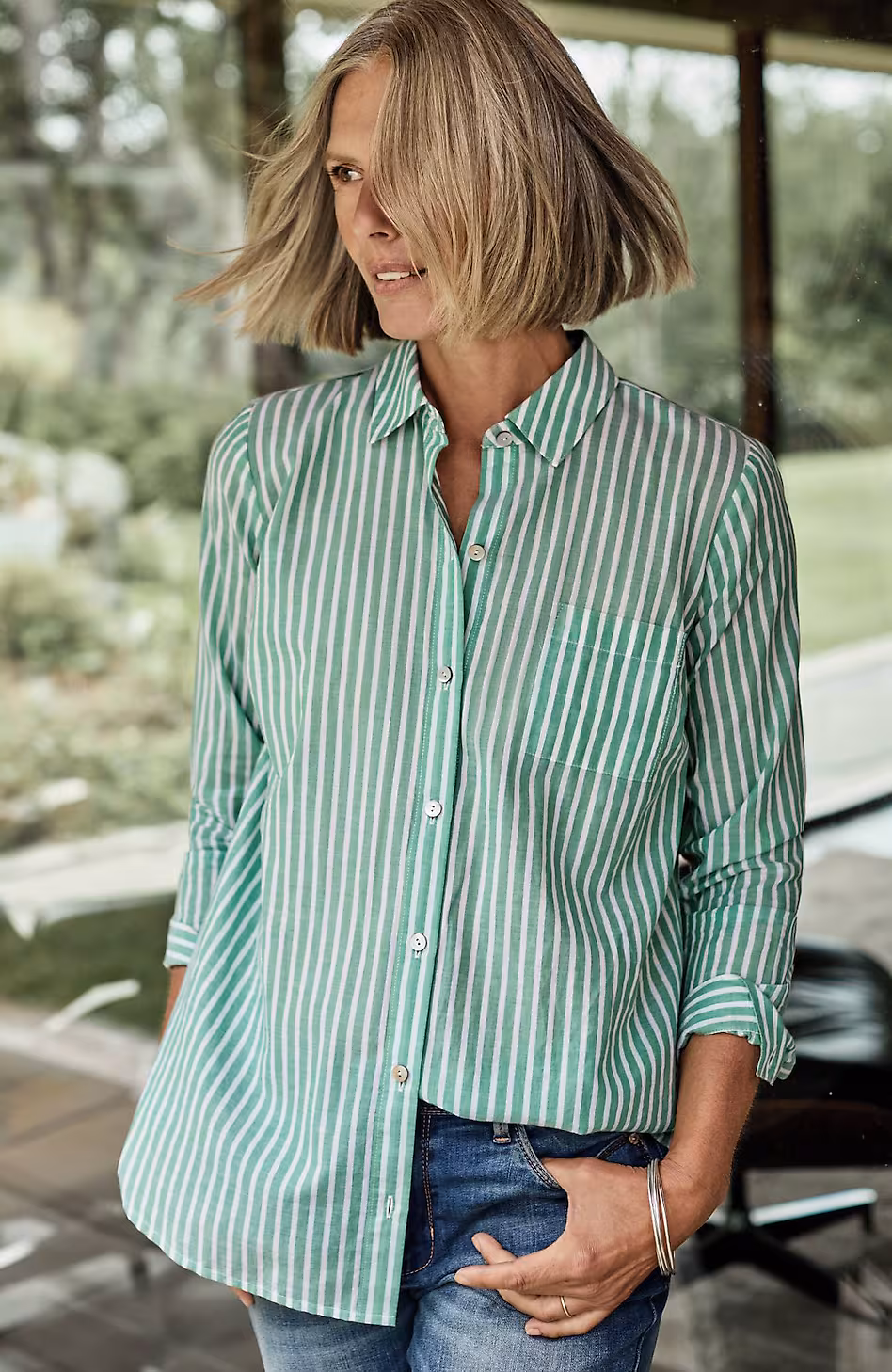 One-Pocket Shirred-Back Shirt
