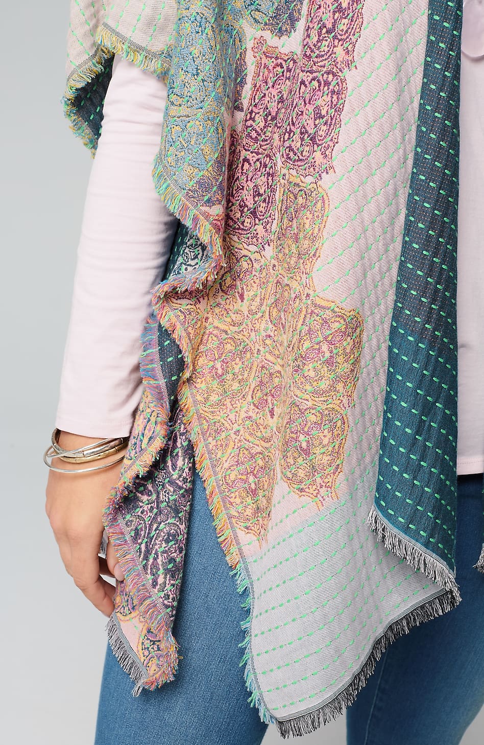 Kantha-Stitched Reversible Jacquard Ruana